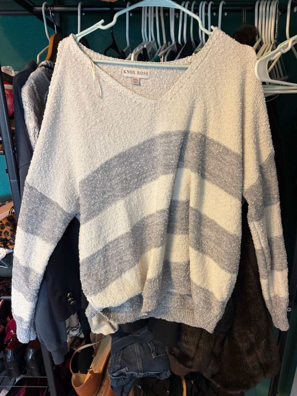 Knox Rose Cream and Gray Striped V-Neck Sweater